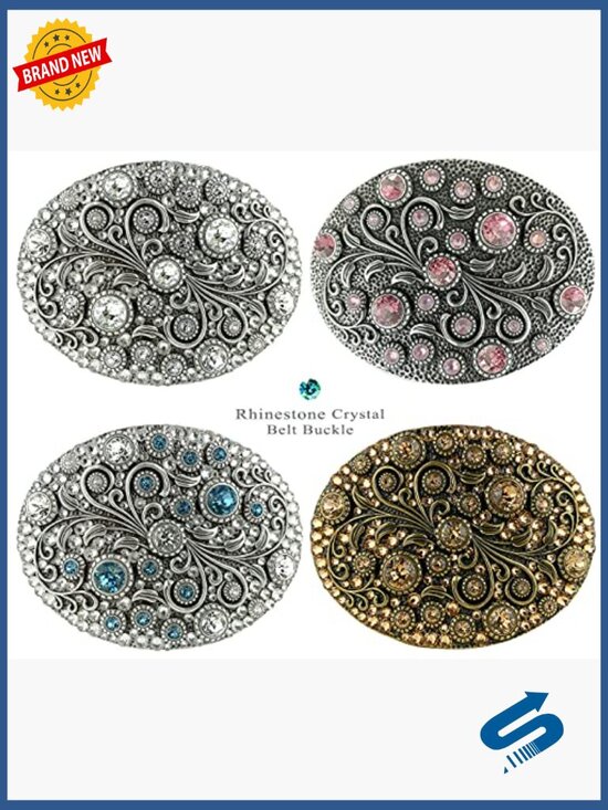 Rhinestone Crystal Oval Floral Belt Buckle Antique Brass Engraved